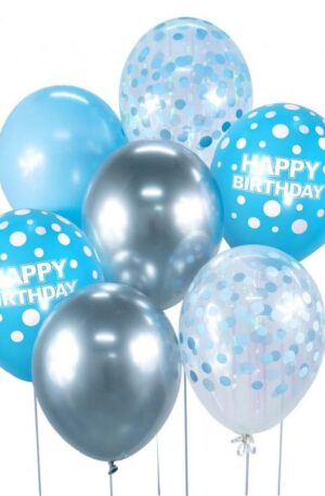 Színes Happy Birthday Silver-Blue léggömb, lufi szett 7 db-os 30cm (12 inch)