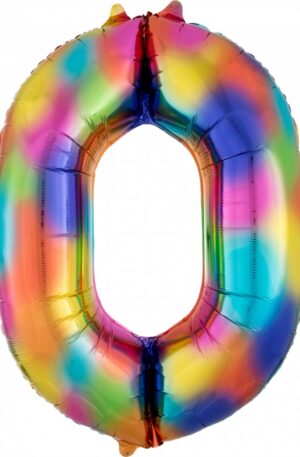 Színes Rainbow óriás szám fólia lufi 0-ás, 88x63 cm